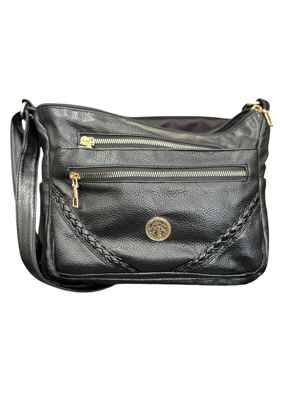 Black Leather Crossbody Bag with Gold Accents